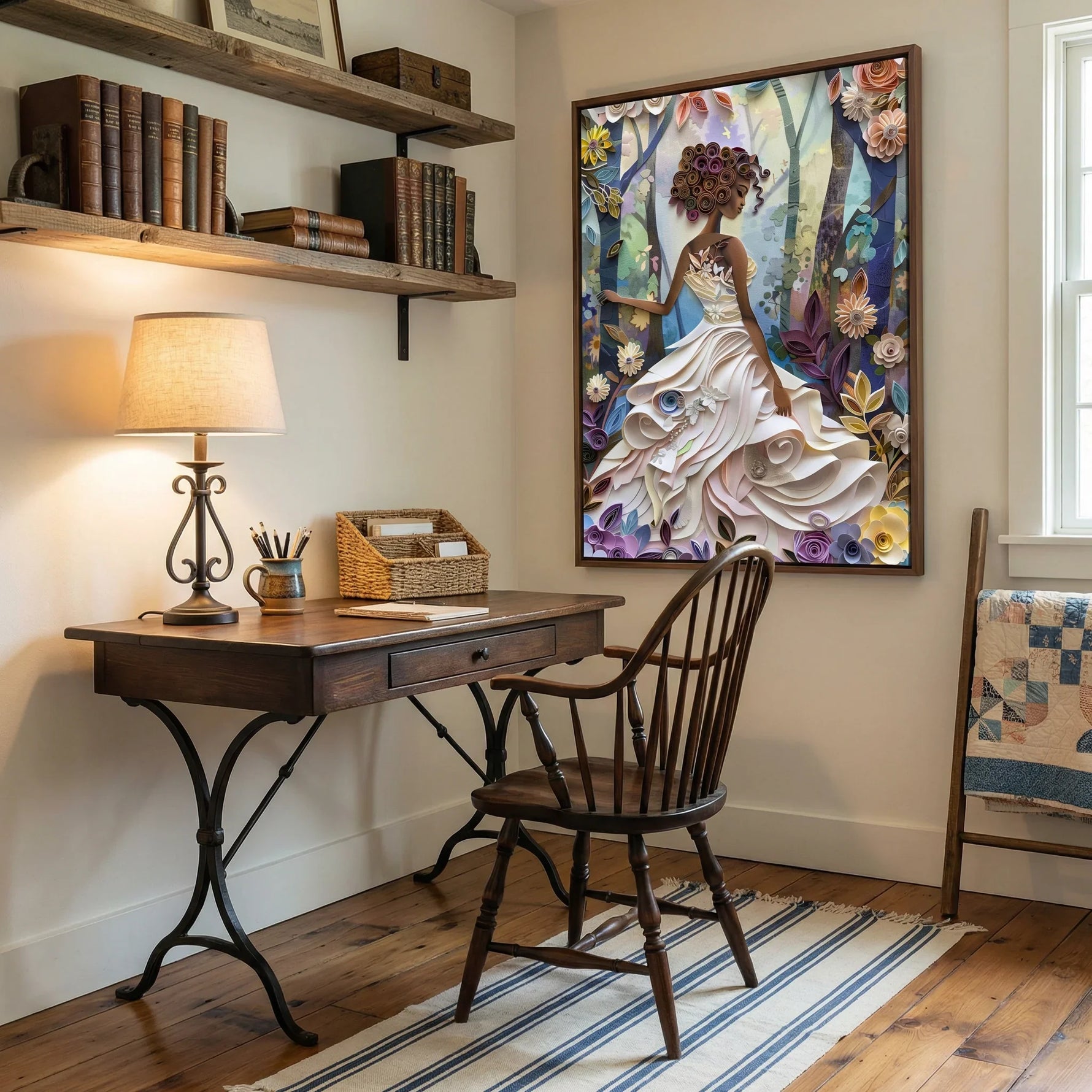African American art in home office with rustic home office wood desk Windsor chair floating shelves books lamp. Digital mockup.