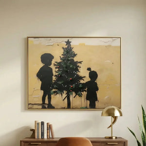 Modern Afro art for office in mid-century workspace with walnut desk, street-art Black children with Christmas tree. Digital mockup.