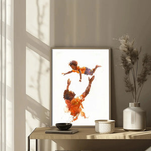 Black father and son canvas art detail of artwork on rustic console with pampas, watercolor Black father tossing son. Digital mockup.