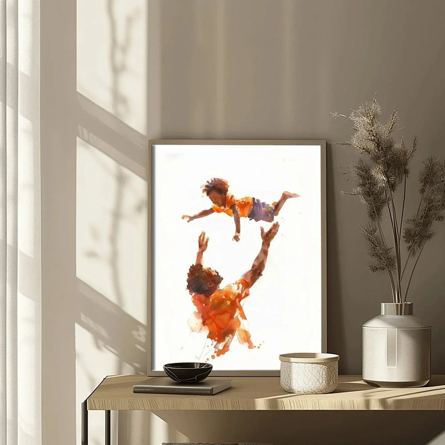 Black father and son canvas art detail of artwork on rustic console with pampas, watercolor Black father tossing son. Digital mockup.