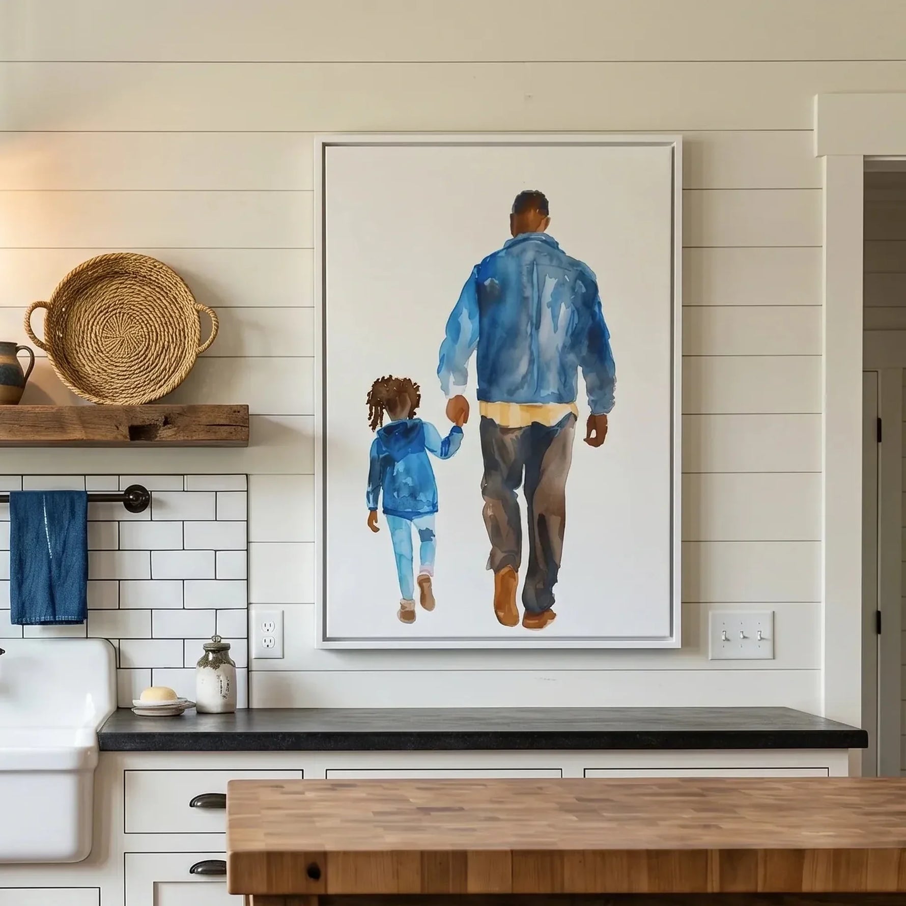African American kitchen canvas in farmhouse kitchen with shiplap and apron sink, Black father and daughter walking. Digital mockup.