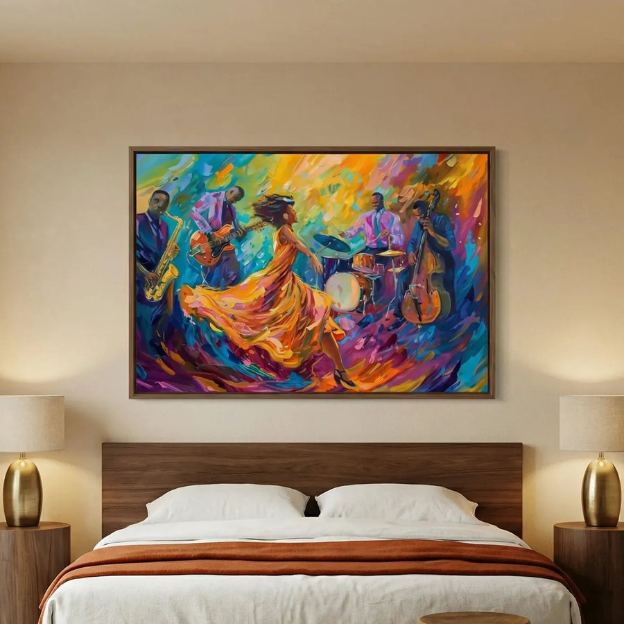African American art for bedroom in modern bedroom with walnut platform bed and brass lamps, Black jazz quartet dancer. Digital mockup.