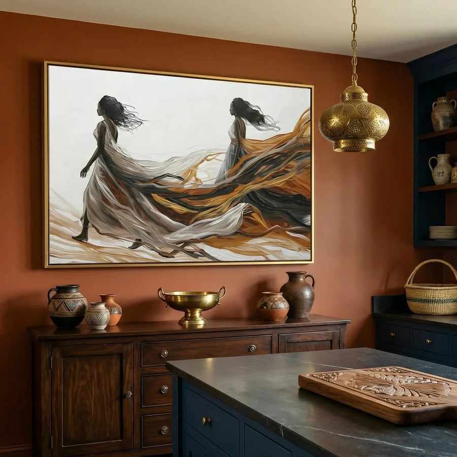 Afrohemian home decor wall art in rustic kitchen with terracotta walls and brass pendants, abstract Black women walking. Digital mockup.