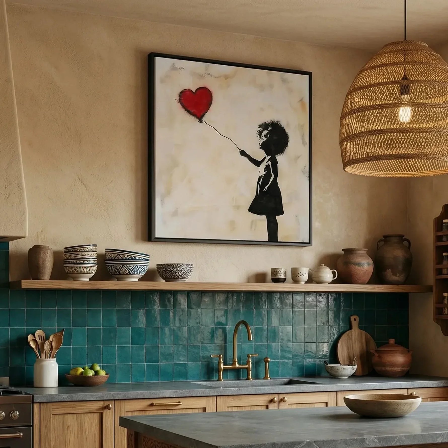 African American kitchen canvas in boho Mediterranean kitchen with teal subway tile, Black girl with red heart balloon. Digital mockup.