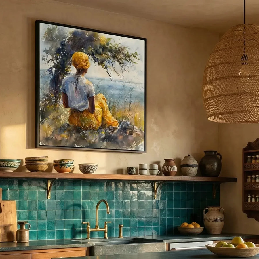 Gullah Geechee art in Mediterranean kitchen with teal tile and brass faucet, watercolor Black woman by tree. Digital mockup.