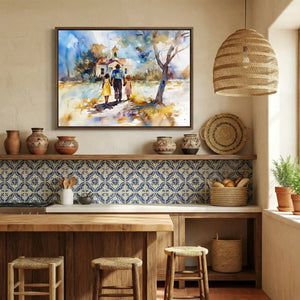 Lowcountry art in Mediterranean kitchen with Moroccan tile and rattan basket pendant, Black family church. Digital mockup.