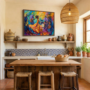 African American kitchen canvas in Mediterranean kitchen with blue Spanish tile and basket pendant, Black jazz quartet dancer. Digital mockup.