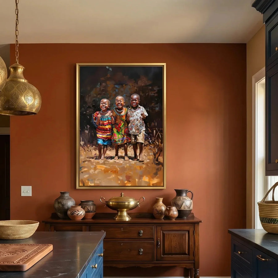Afrohemian home decor wall art in eclectic kitchen with terracotta walls and navy cabinets, three joyful African children. Digital mockup.