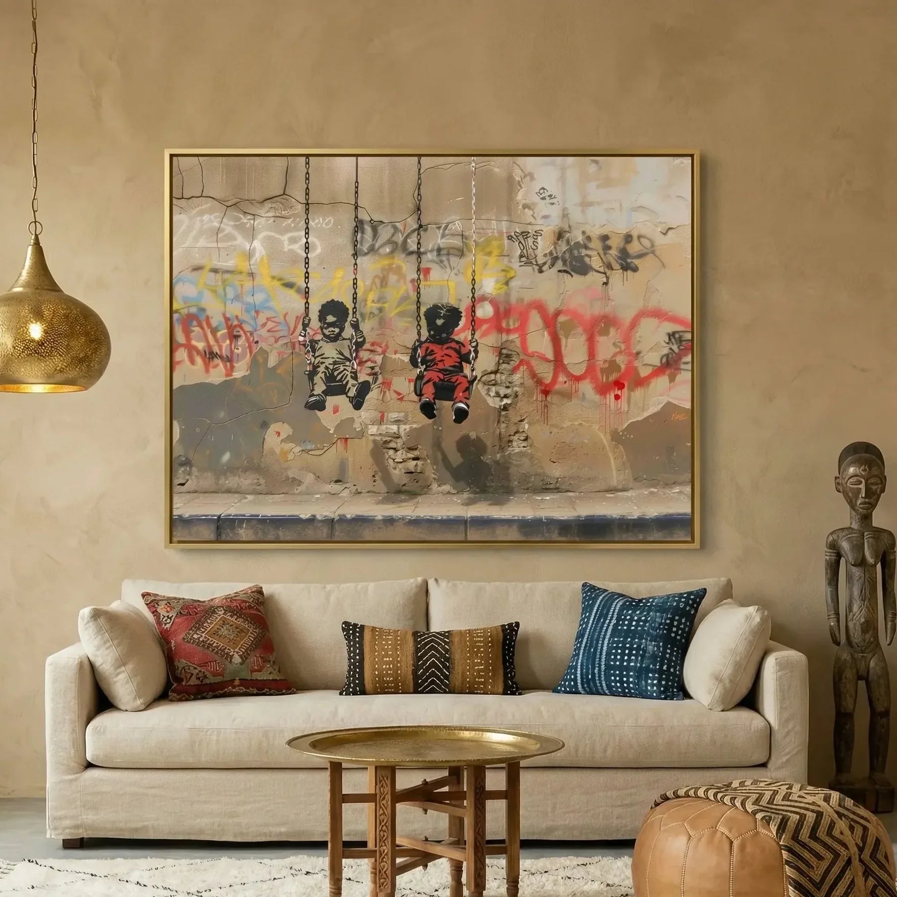 Black kids room decor in boho Moroccan living room with brass pendant, street-art stencil of Black boys on swings. Digital mockup.