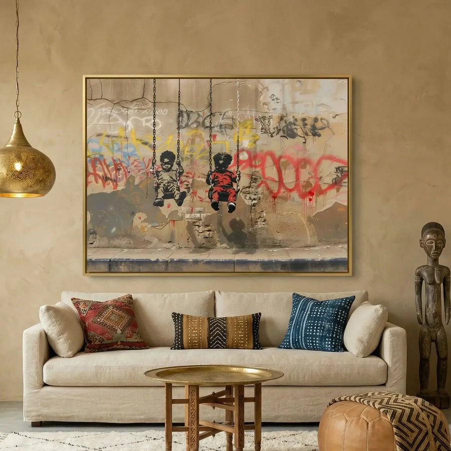 Black kids room decor in boho Moroccan living room with brass pendant, street-art stencil of Black boys on swings. Digital mockup.