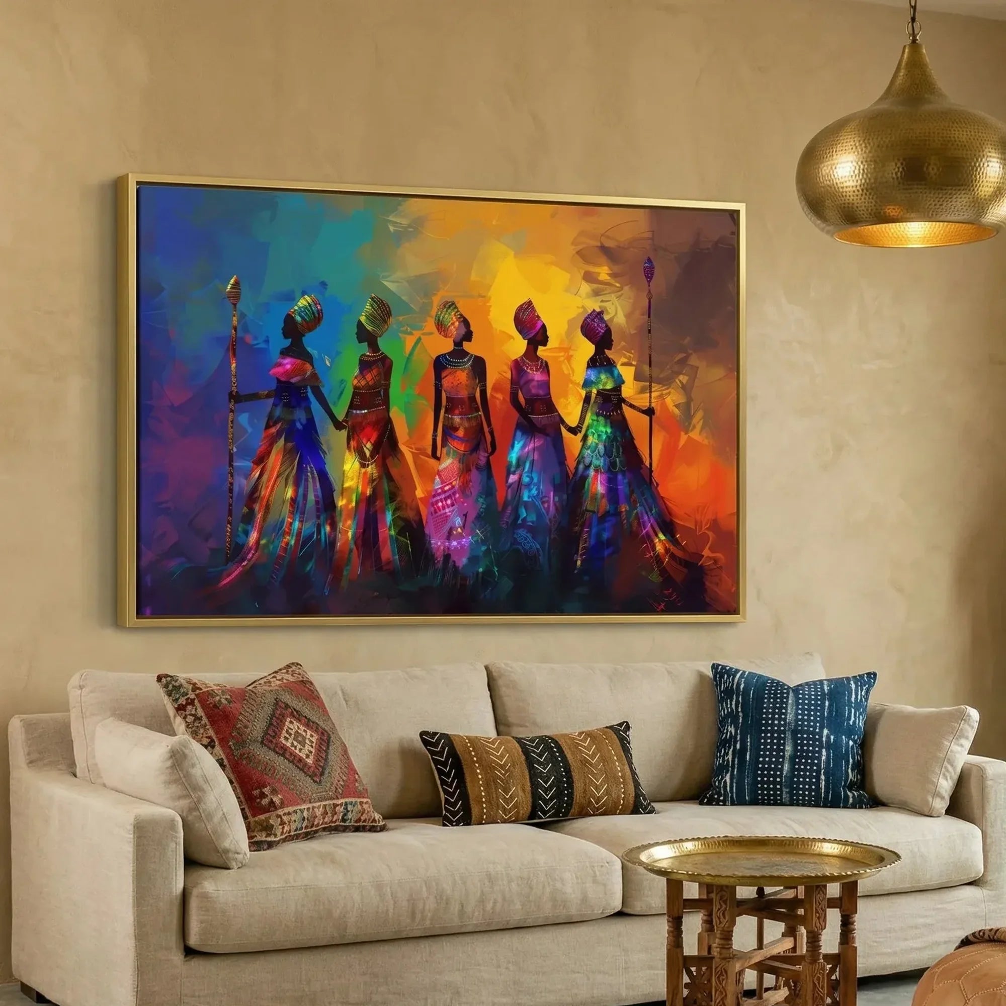 Textured African American art prints in Moroccan living room with cream sofa and African statue, five colorful tribal women. Digital mockup.