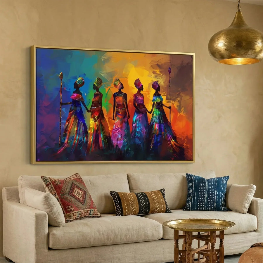 Textured African American art prints in Moroccan living room with cream sofa and African statue, five colorful tribal women. Digital mockup.