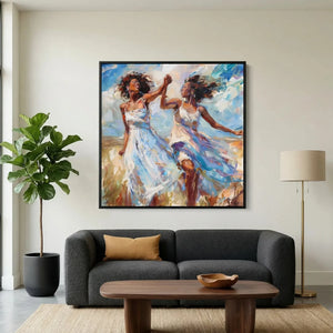 Black women dancing wall art in modern living room with charcoal sofa, joyful pair in white sundresses, oil painting. Digital mockup.