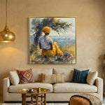Gullah Geechee heritage art in Moroccan living room with cream sofa and statue, Black woman by tree marsh watercolor. Digital mockup.