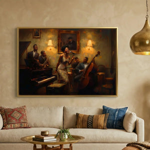 Harlem Renaissance style prints in boho Moroccan living room with brass pendant, vintage Black jazz singer and band scene. Digital mockup.