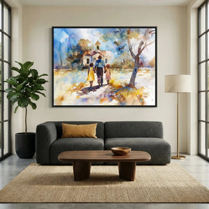 Lowcountry art in minimalist living room with gray sofa and fiddle leaf, Black family walking to church. Digital mockup.