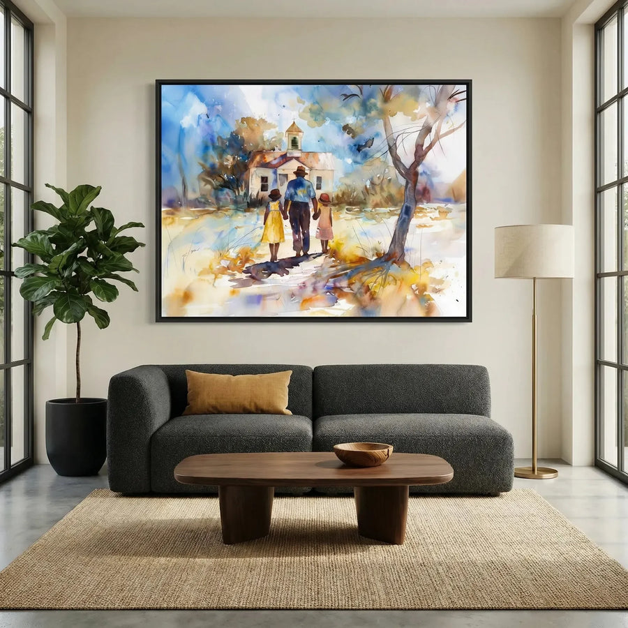 Lowcountry art in minimalist living room with gray sofa and fiddle leaf, Black family walking to church. Digital mockup.