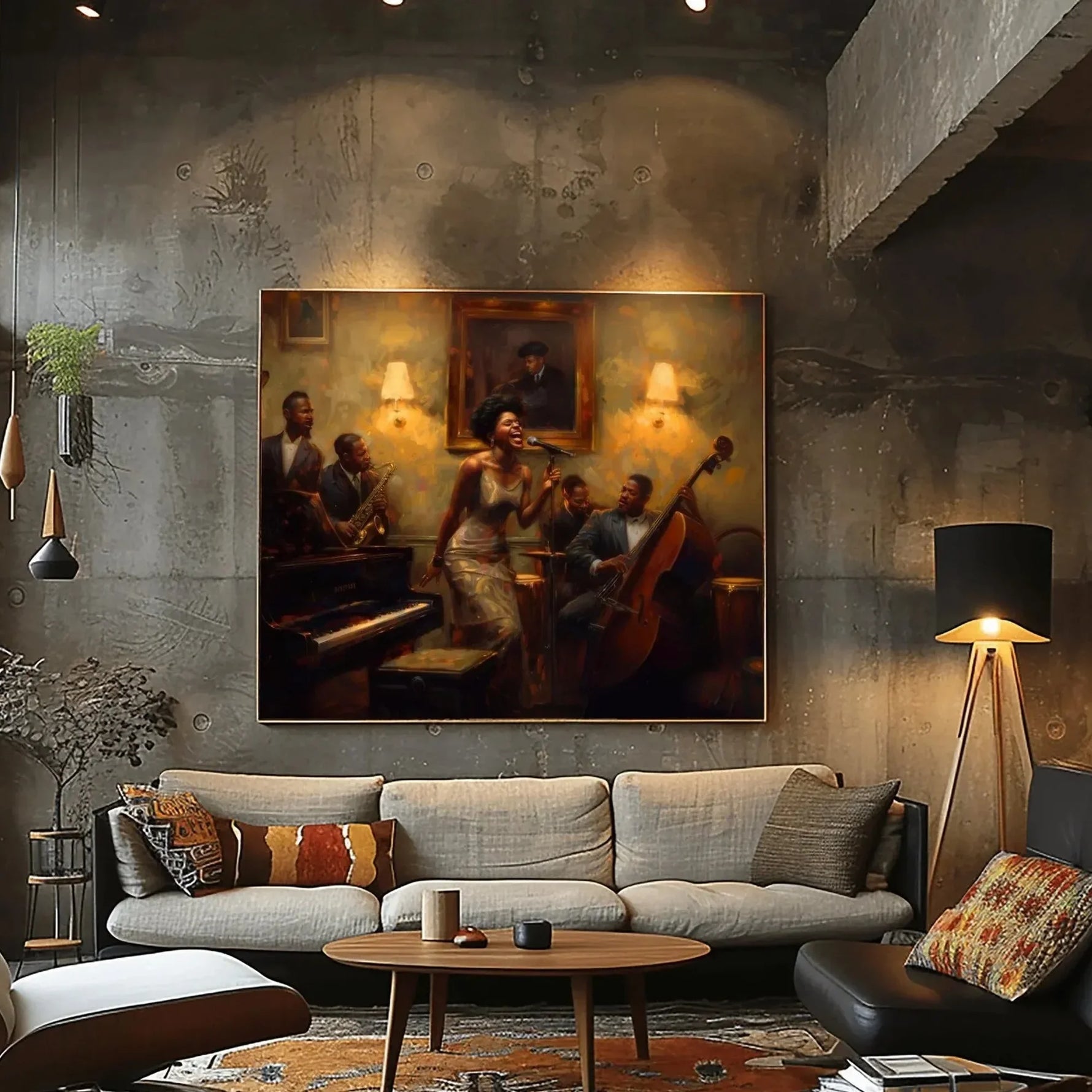 Black home office art in industrial loft with concrete walls and brass pendants, Harlem Renaissance jazz scene, oil painting. Digital mockup.