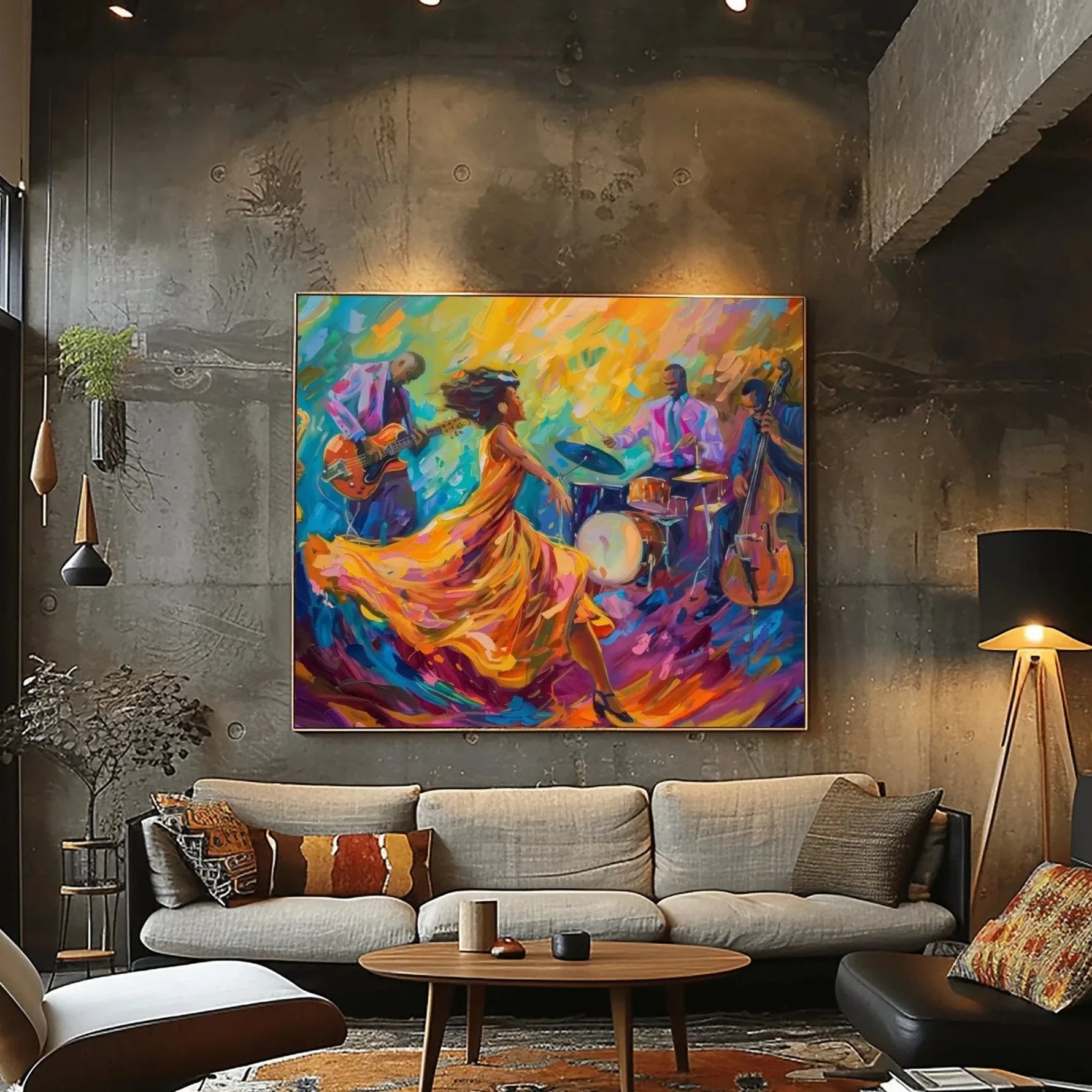 Urban Black aesthetic wall art in industrial loft with linen sectional and Eames lounge, Black jazz quartet with dancer. Digital mockup.