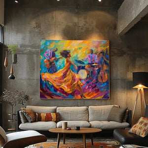 Urban Black aesthetic wall art in industrial loft with linen sectional and Eames lounge, Black jazz quartet with dancer. Digital mockup.