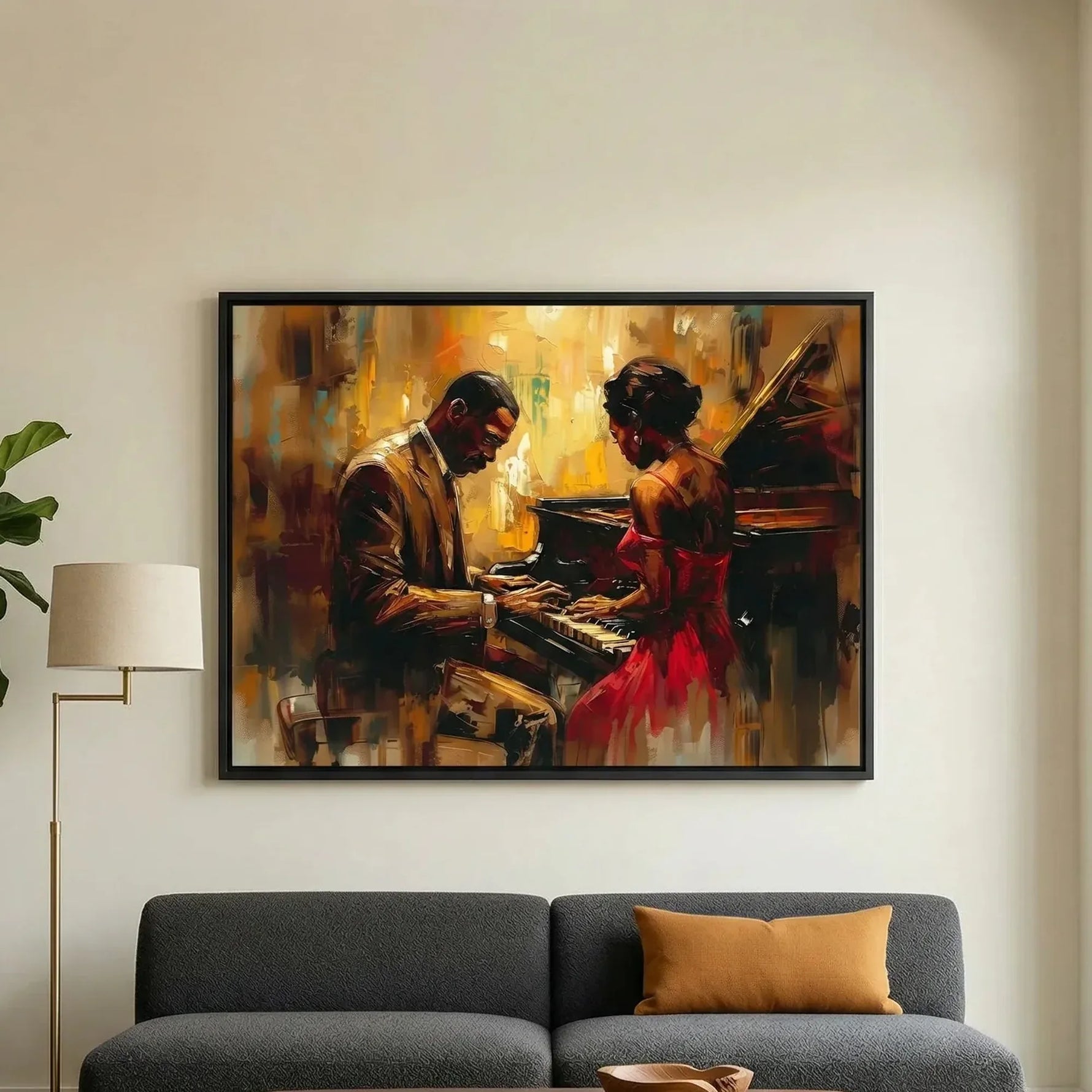 Modern African American art in minimalist living room with gray sofa and fiddle leaf, Black couple at jazz piano. Digital mockup.