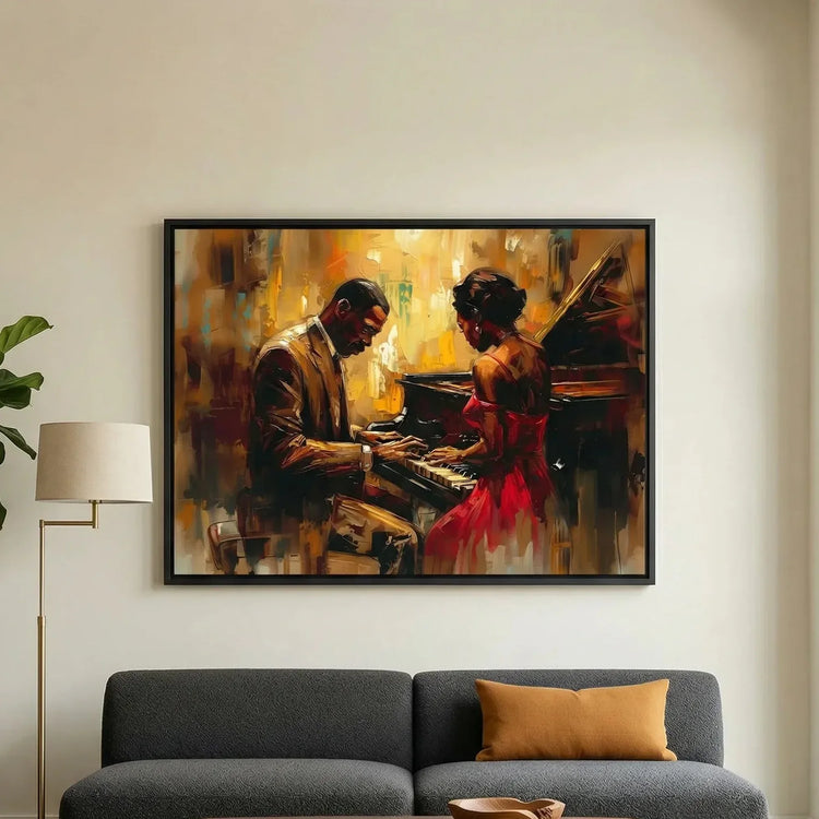 Modern African American art in minimalist living room with gray sofa and fiddle leaf, Black couple at jazz piano. Digital mockup.
