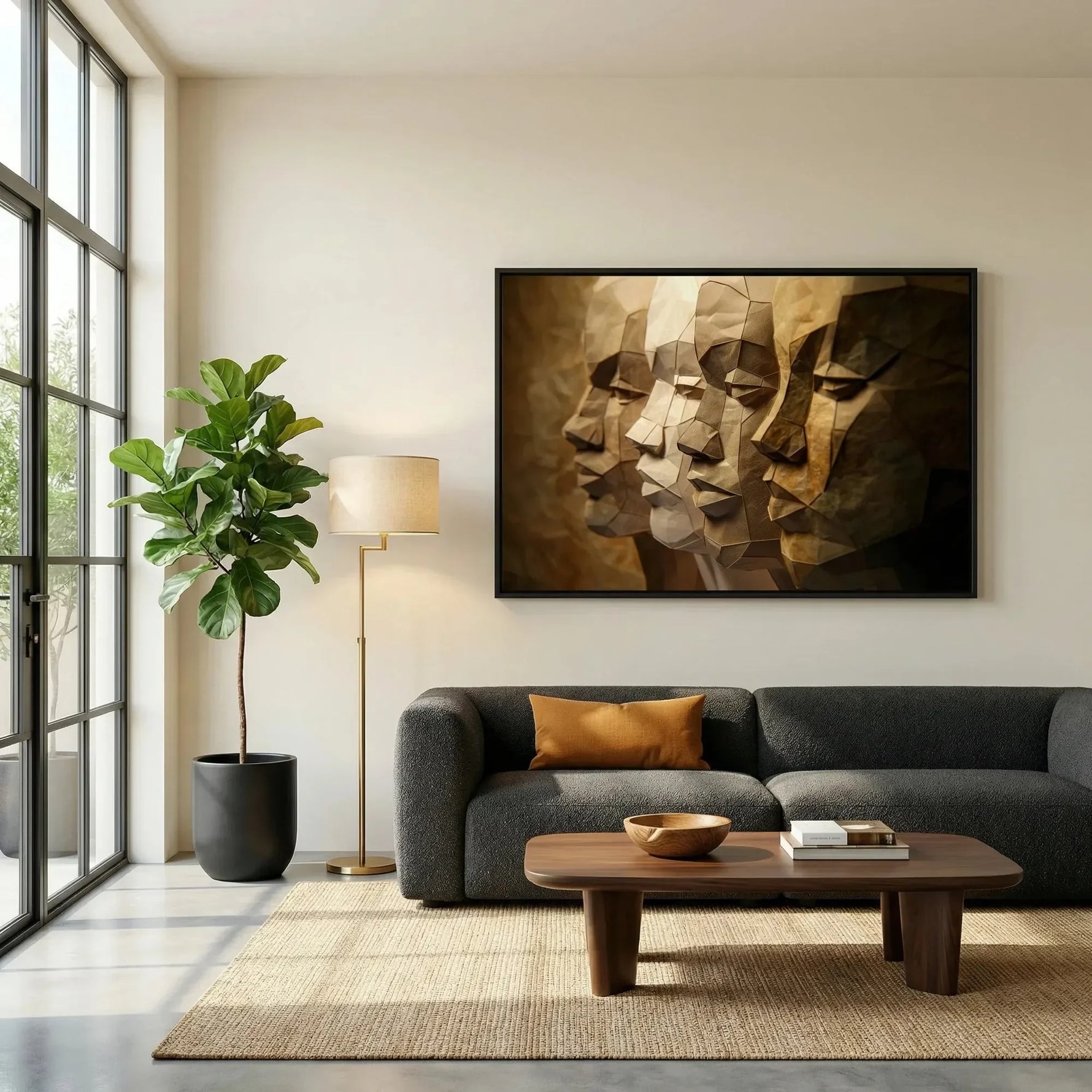 Modern African American art in Japandi living room with charcoal sofa and fiddle leaf, paper-craft Black men profiles. Digital mockup.