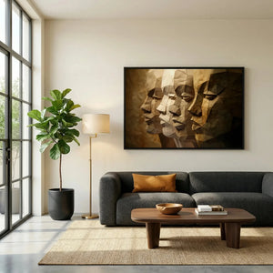 Modern African American art in Japandi living room with charcoal sofa and fiddle leaf, paper-craft Black men profiles. Digital mockup.