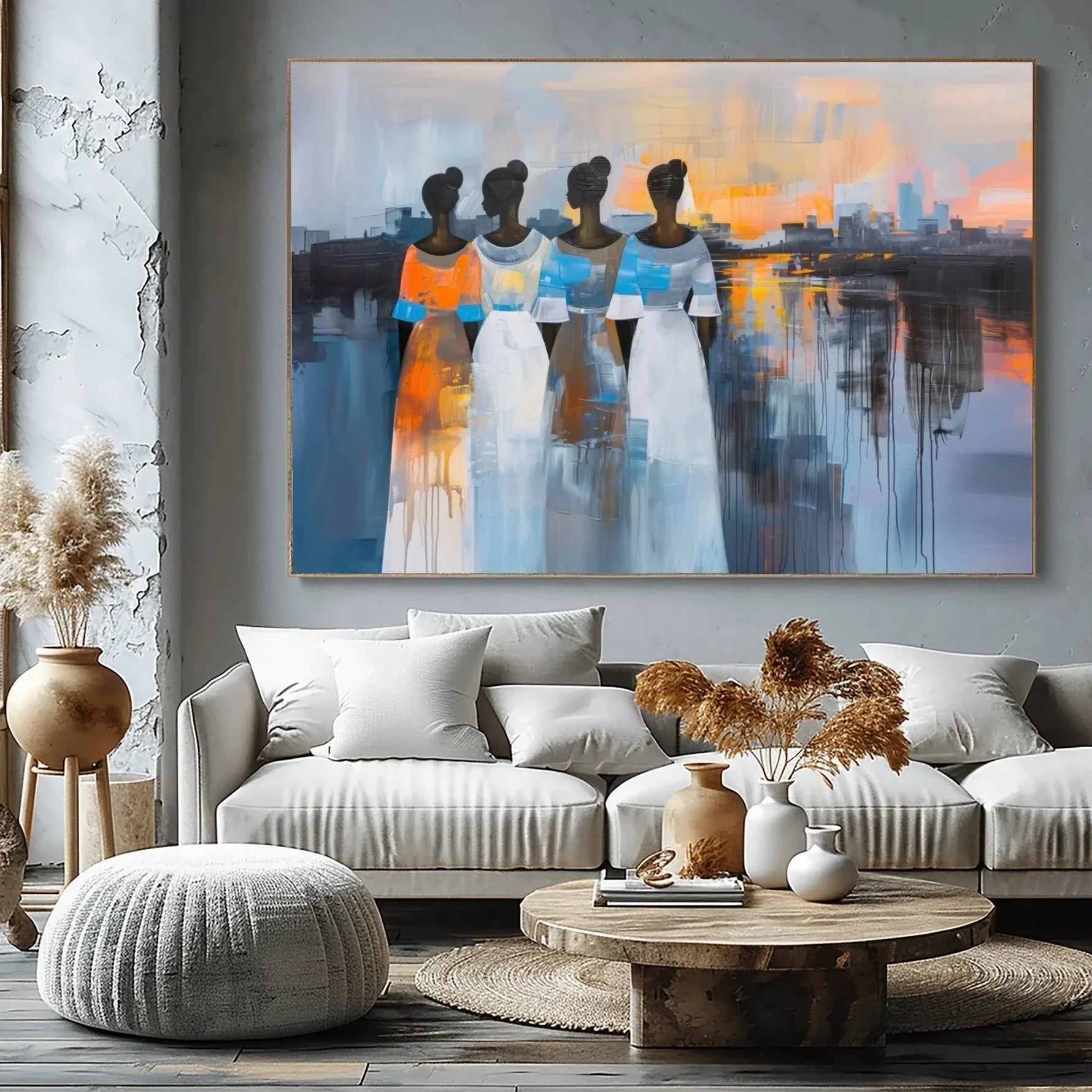Urban Black aesthetic wall art in industrial living room with concrete walls and pampas, four Black women at sunset, abstract. Digital mockup.