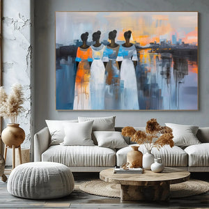 Urban Black aesthetic wall art in industrial living room with concrete walls and pampas, four Black women at sunset, abstract. Digital mockup.
