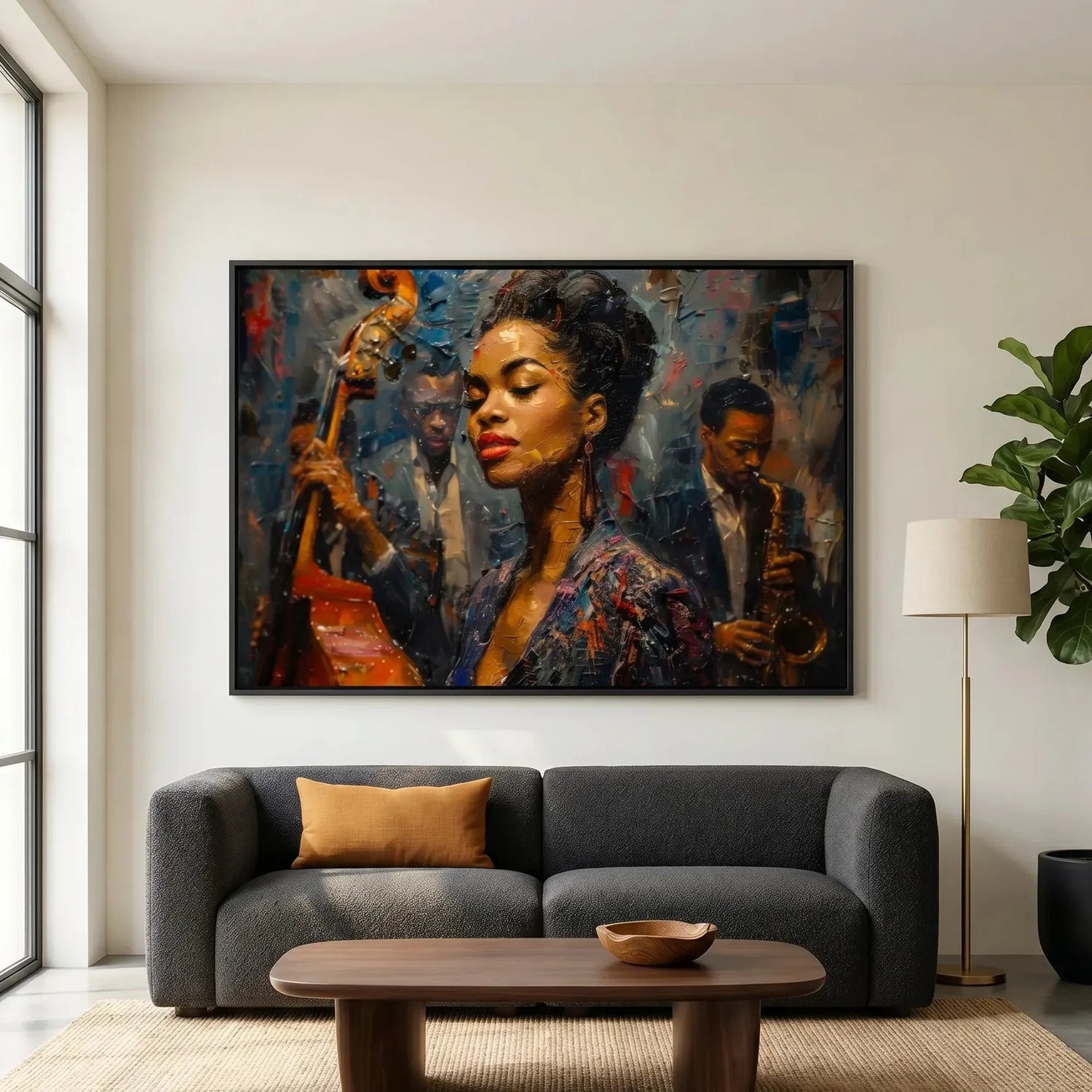 Modern African American art in modern living room with gray boucle sofa and fiddle leaf fig, young Ella Fitzgerald art. Digital mockup.