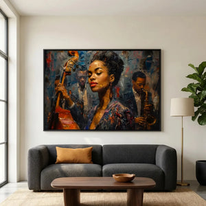 Modern African American art in modern living room with gray boucle sofa and fiddle leaf fig, young Ella Fitzgerald art. Digital mockup.
