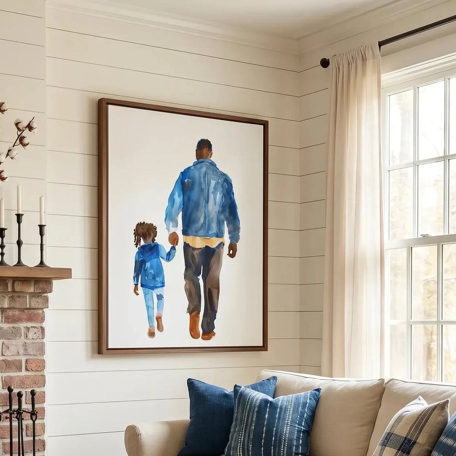Black art for living room in farmhouse style with shiplap and brick fireplace, watercolor Black father and daughter walking. Digital mockup.
