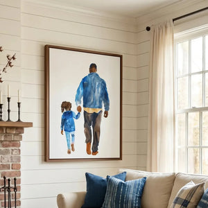 Black art for living room in farmhouse style with shiplap and brick fireplace, watercolor Black father and daughter walking. Digital mockup.