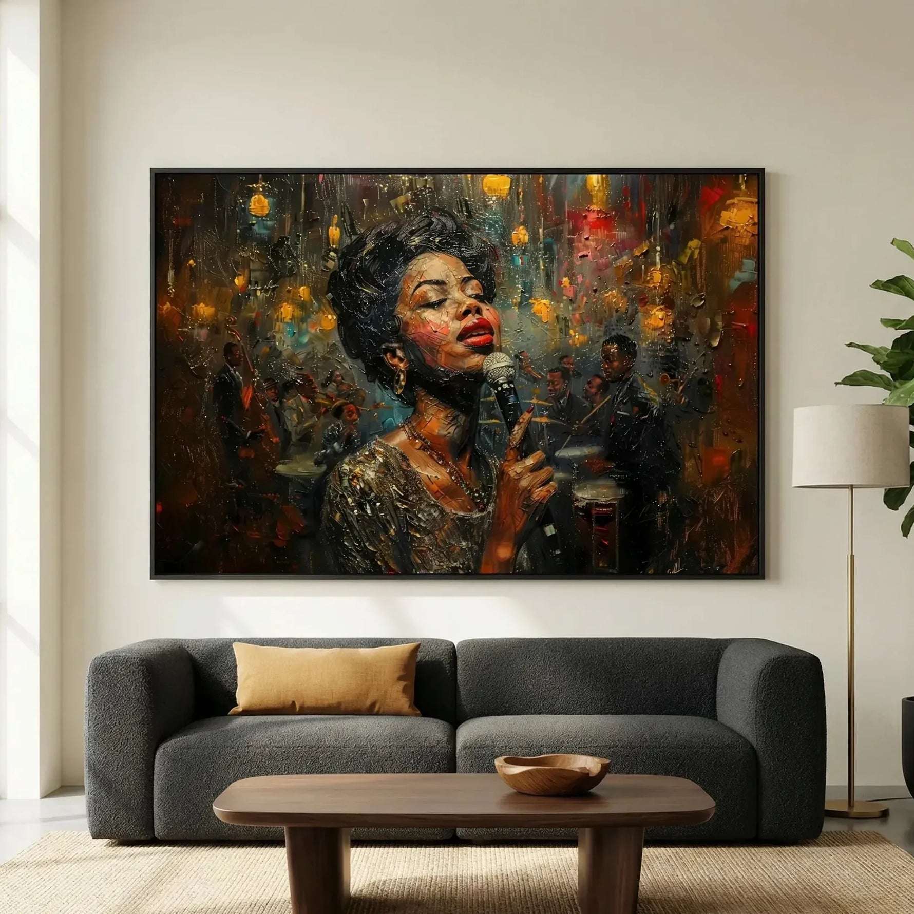 Modern African American art in modern living room with charcoal sofa and fiddle leaf, vintage Black jazz singer painting. Digital mockup.