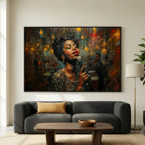 Modern African American art in modern living room with charcoal sofa and fiddle leaf, vintage Black jazz singer painting. Digital mockup.