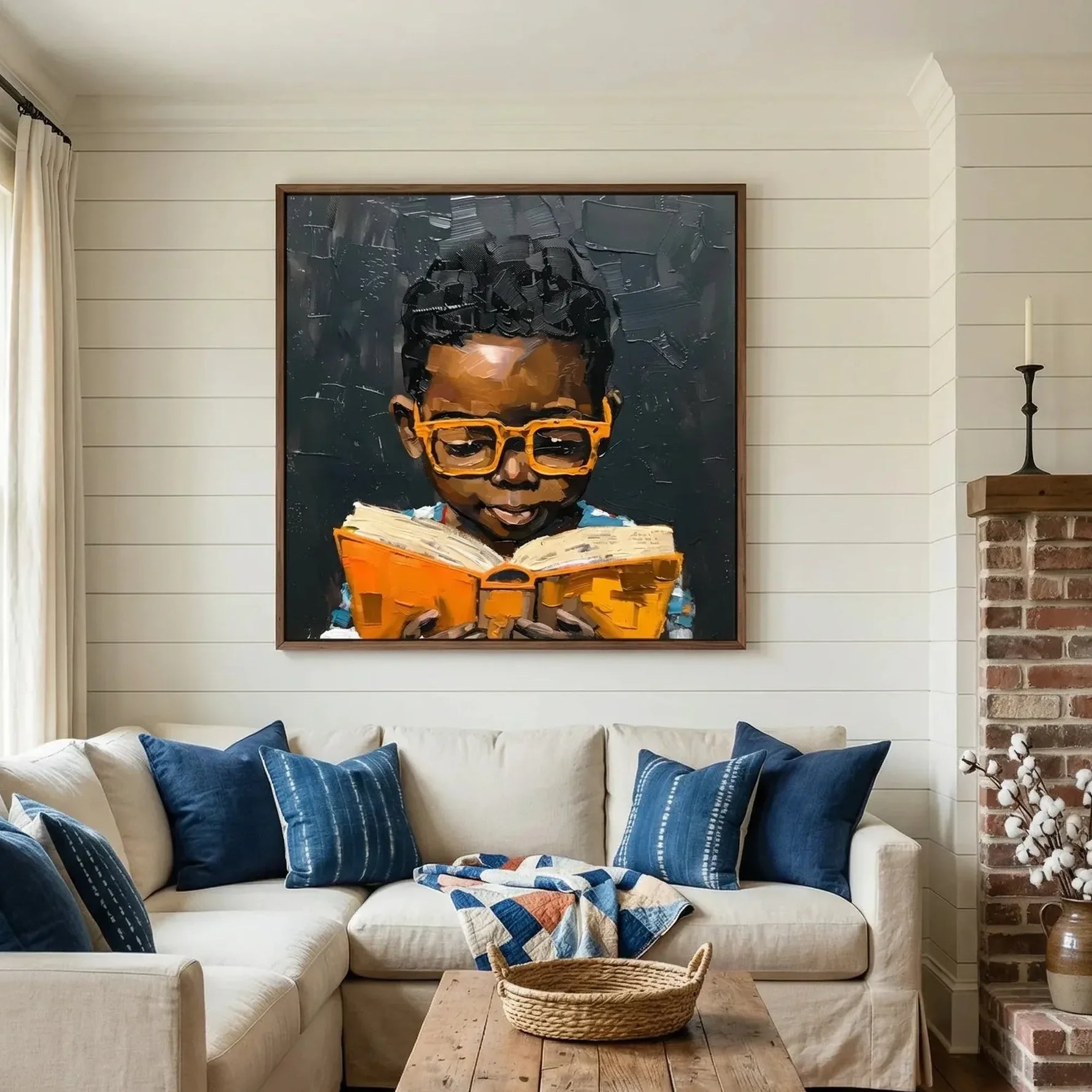 Black art for living room in farmhouse style with shiplap and brick fireplace, oil painting Black boy in orange glasses. Digital mockup.