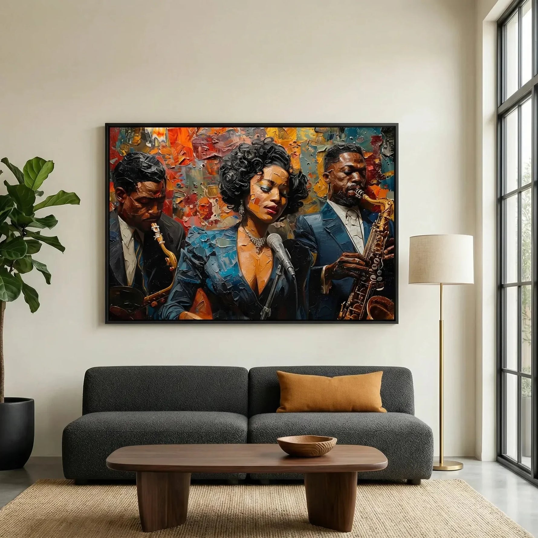 Modern African American art in modern living room with charcoal sofa and fiddle leaf, vintage Black jazz singer trio. Digital mockup.