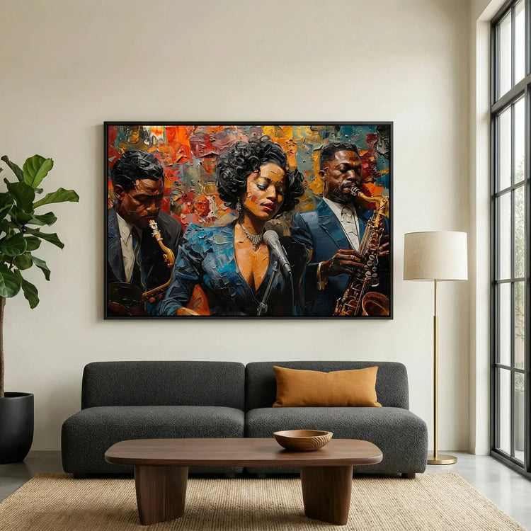 Modern African American art in modern living room with charcoal sofa and fiddle leaf, vintage Black jazz singer trio. Digital mockup.