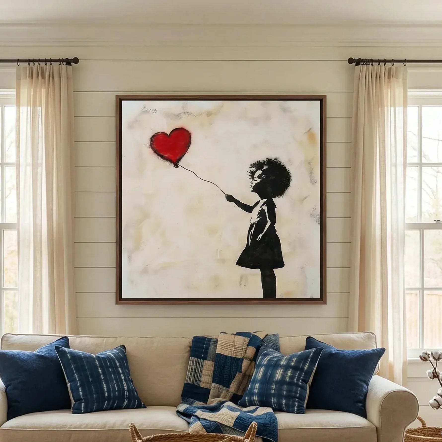 Black art for living room in farmhouse style with shiplap and brick fireplace, street-art Black girl with red balloon. Digital mockup.