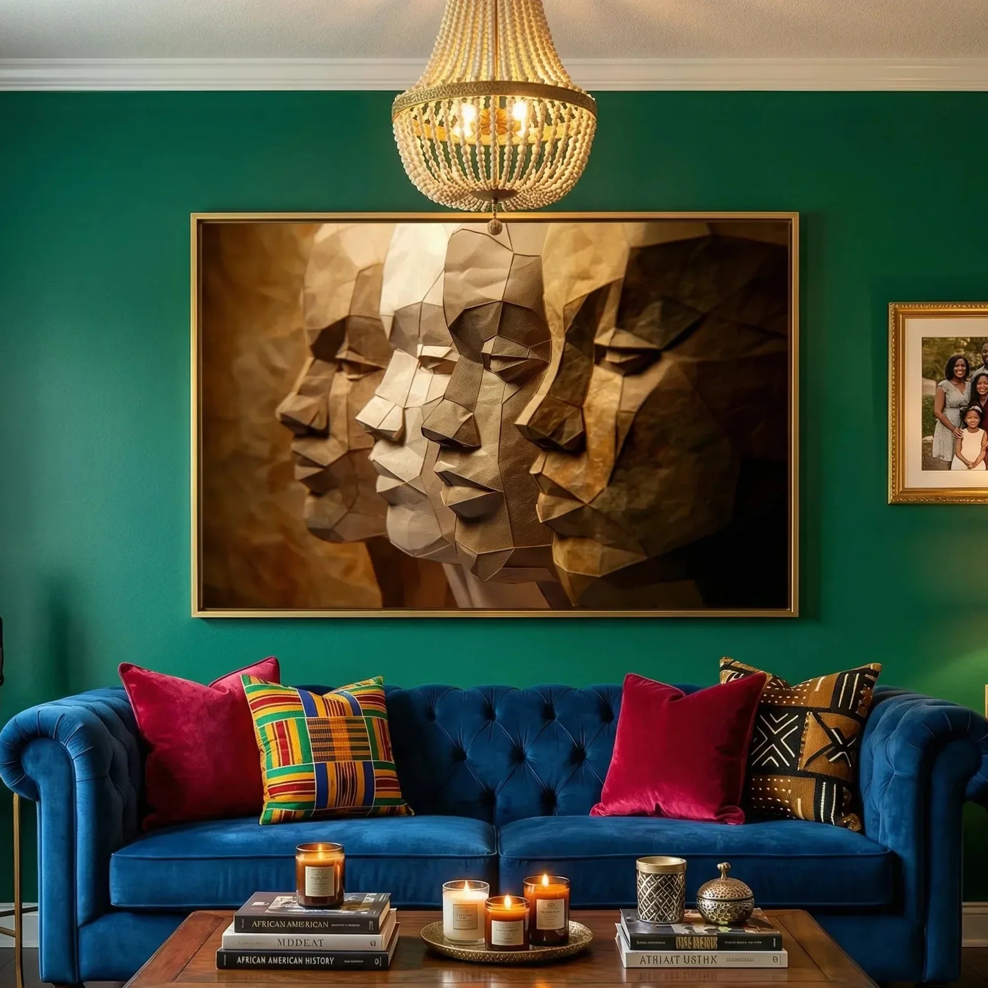 Black men unity art in emerald living room with blue velvet sofa and kente pillows, paper-craft Black men profiles sculpture. Digital mockup.