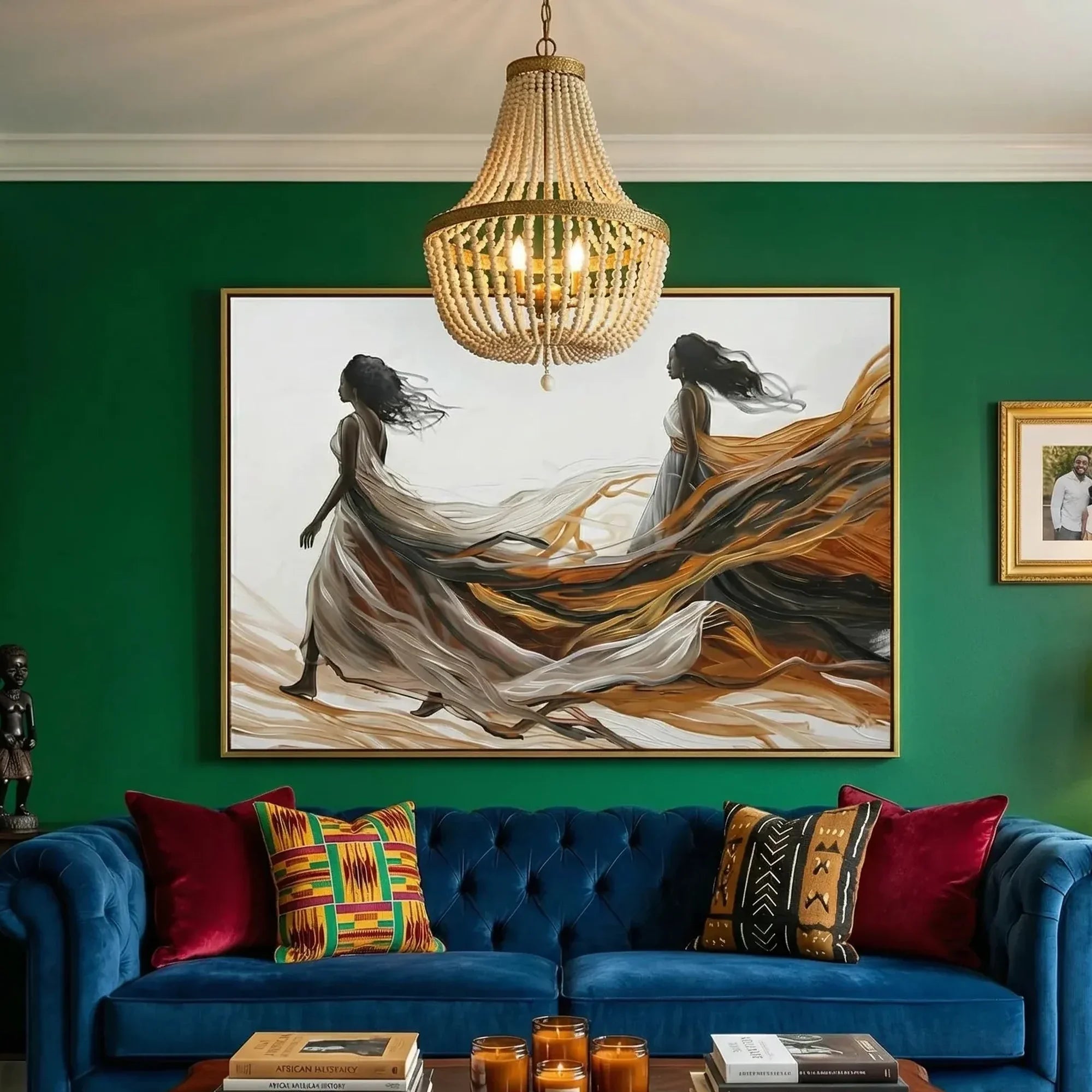 Urban Black aesthetic wall art in emerald green living room with cobalt velvet sofa, abstract two Black women walking free. Digital mockup.