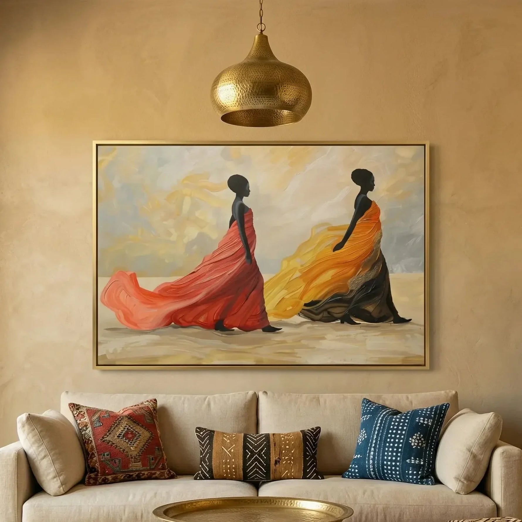 Modern African American art in Moroccan plaster living room with cream sofa and African statue, two regal Black women gowns. Digital mockup.