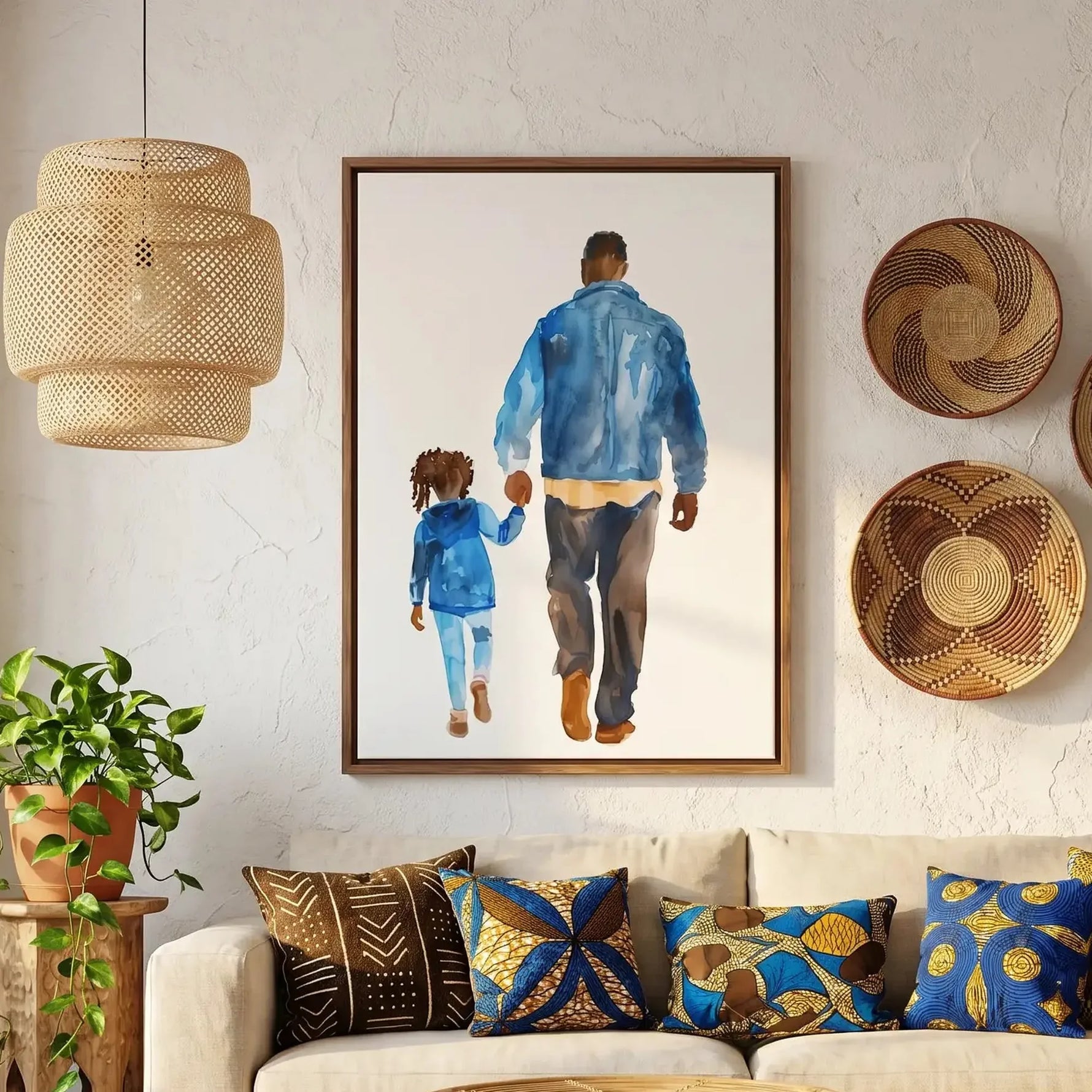 Afrohemian home decor wall art in boho Moroccan living room with mudcloth, watercolor Black father walking with daughter. Digital mockup.