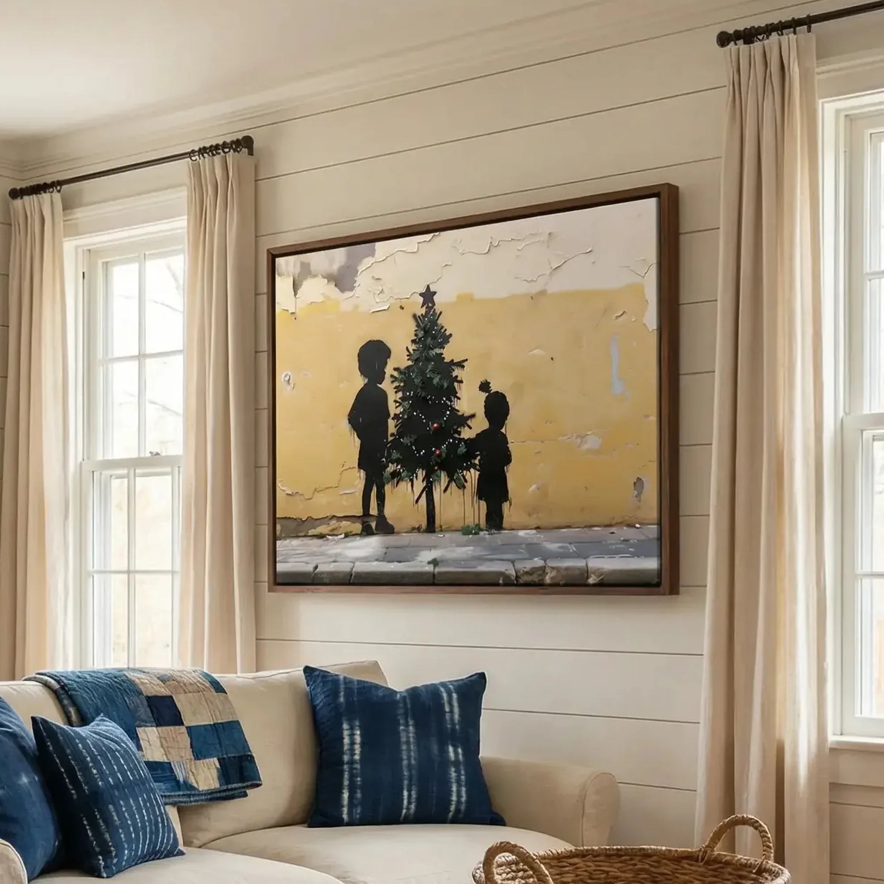 Black kids room decor in farmhouse living room with shiplap and brick fireplace, street-art Black kids Christmas tree. Digital mockup.