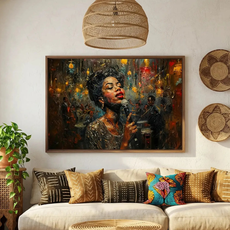 Afrohemian home decor wall art in boho Moroccan living room with mudcloth pillows, vintage Black jazz singer impasto painting. Digital mockup.