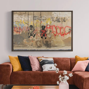 Black art for living room in warm scandi space with cognac sectional and pink pillows, Black boys on swings stencil. Digital mockup.