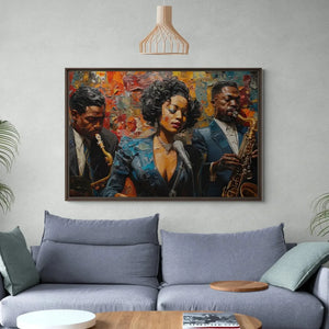 Modern African American art in modern living room with light gray sofa and sage pillows, vintage Black jazz singer trio. Digital mockup.