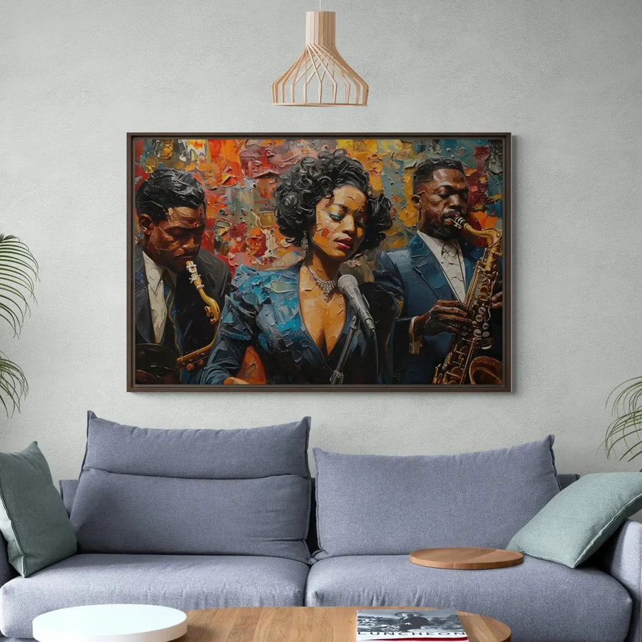 Modern African American art in modern living room with light gray sofa and sage pillows, vintage Black jazz singer trio. Digital mockup.