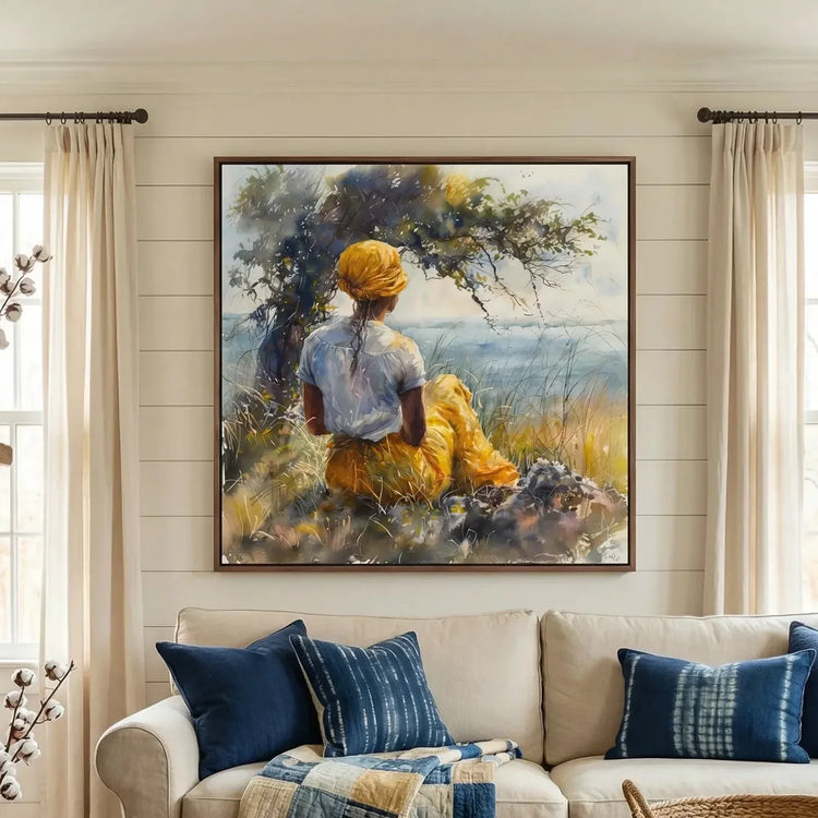 Gullah Geechee art in farmhouse style with shiplap and brick fireplace, watercolor Black woman by marsh tree. Digital mockup.